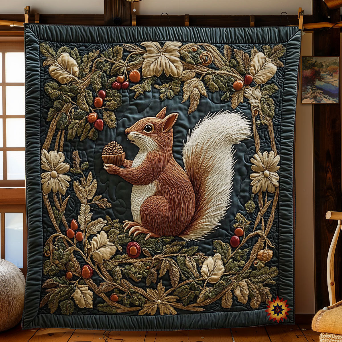 Squirrel In Acorns Wreath WY2312060CL Quilt