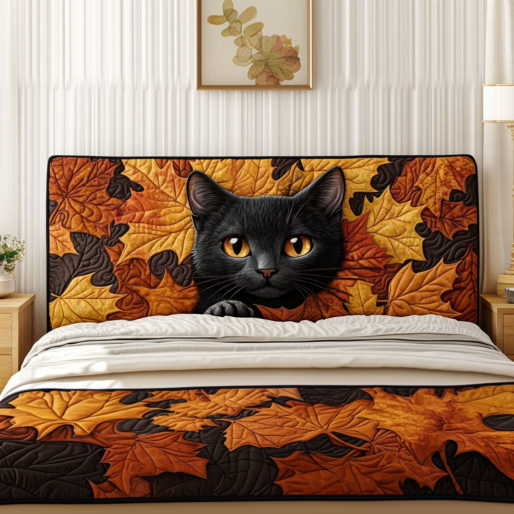 Black Cat in Falling Leaves KL2212010CL Quilted Headboard Slipcover