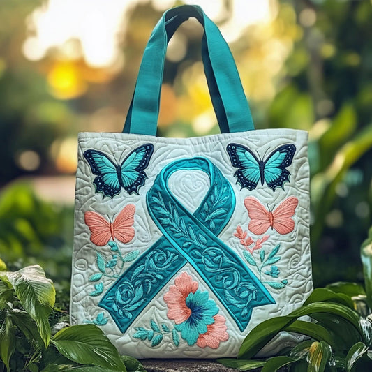 Teal Ribbon Butterfly WN2909058CL Quilted Tote Bag
