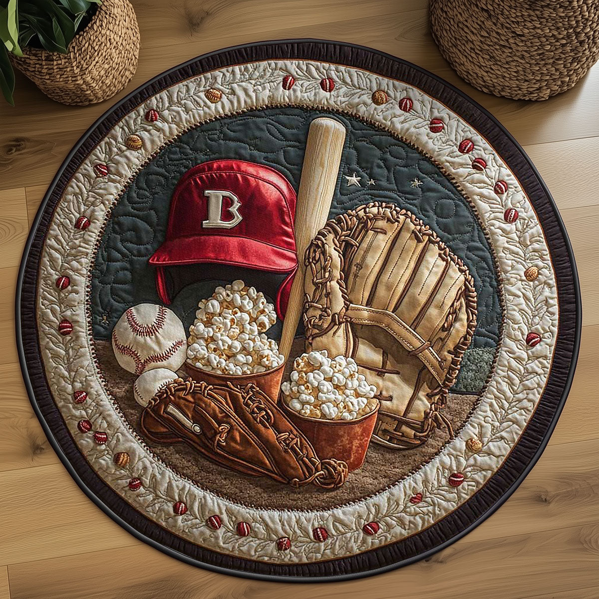 Baseball And Popcorn WN2305015CL Quilted Round Mat