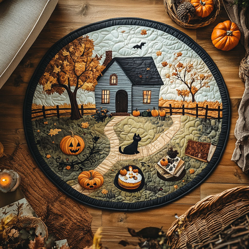 Halloween Black Cat Cottage WY1908012CL Quilted Round Mat