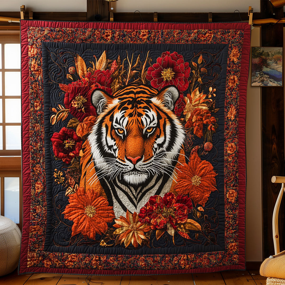 Red Flower Tiger Portrait WY1401037CL Quilt