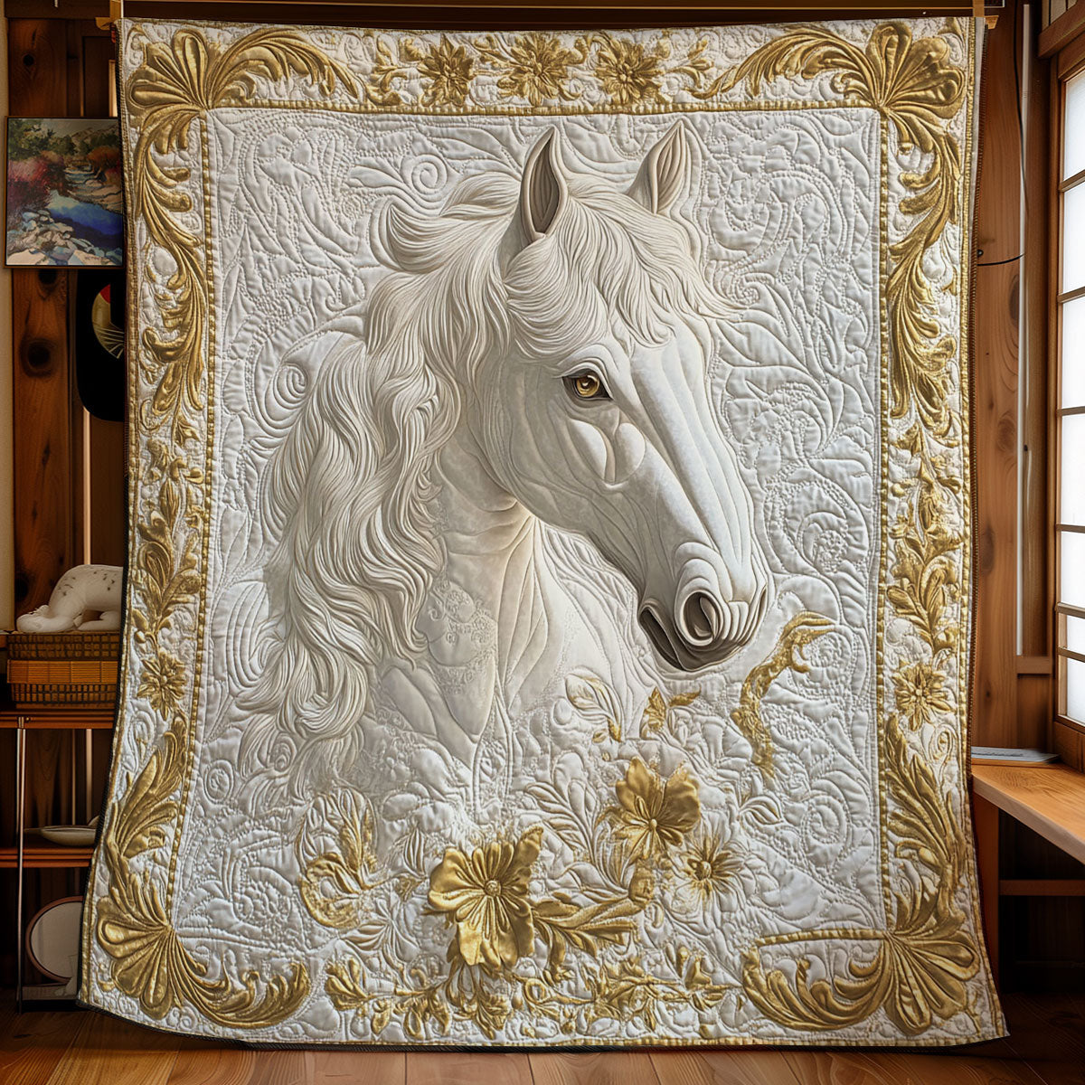 Gold Motiff White Horse WY1701042CL Quilt