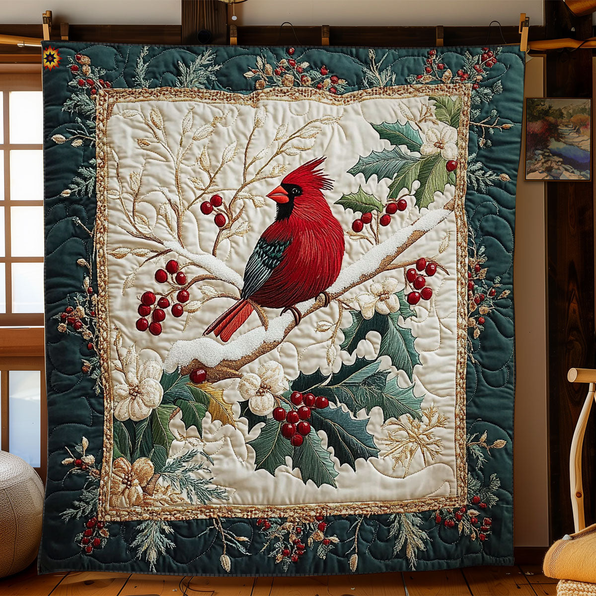 Cardinal In Holly Branch WY2512005CL Quilt