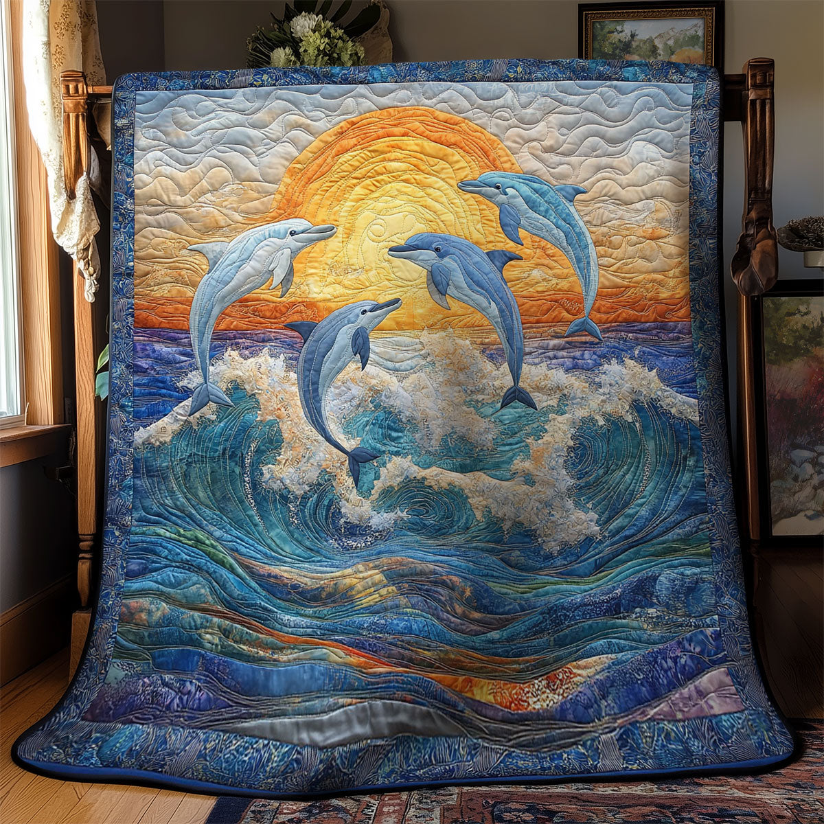 Dolphin Family In Sunset WY2103046CL Quilt