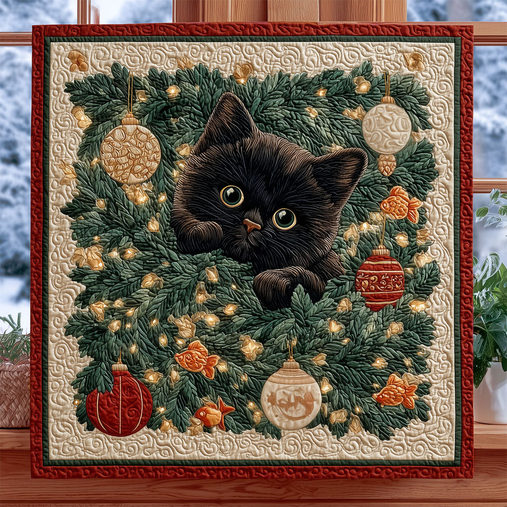 Whimsical Cat With Among Christmas Wreath XK0811005CL Quilt