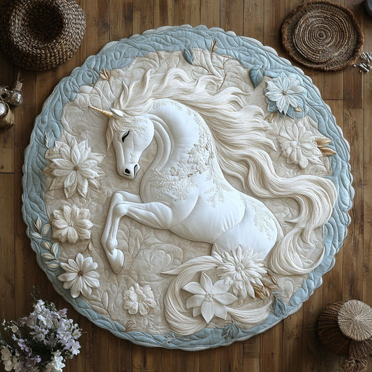 Beautiful White Floral Horse WY1006001CL Quilted Round Mat