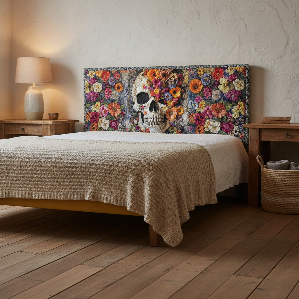 Floral Skull XR0512004CL Quilted Headboard Slipcover