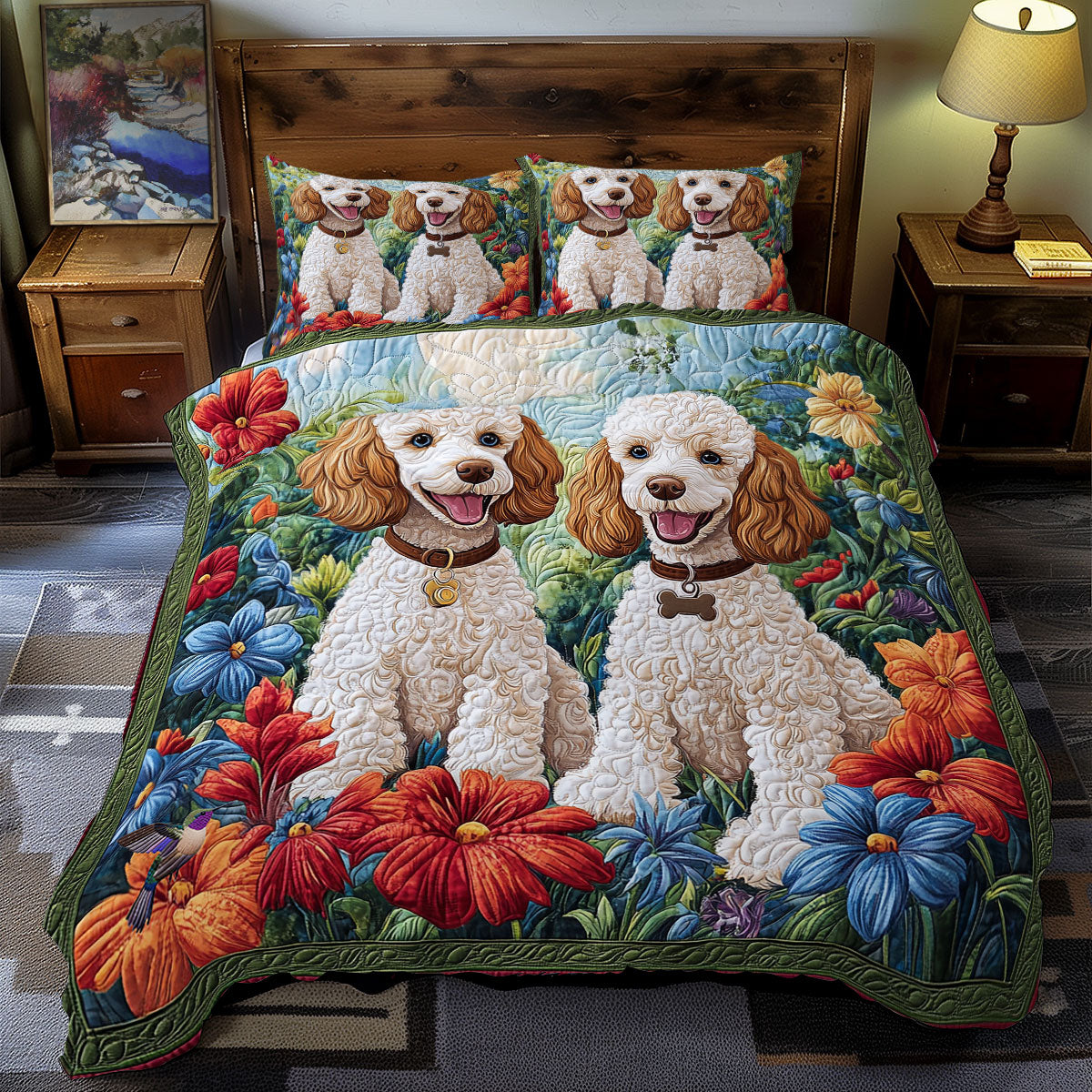 Couple Poodle In Garden WY0212064CL Duvet Cover Set