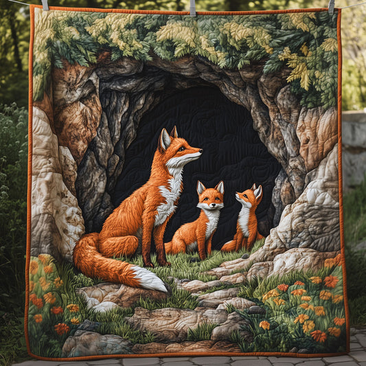 Fox Family In Front Of A Dark Cave LT2309006CL Quilt