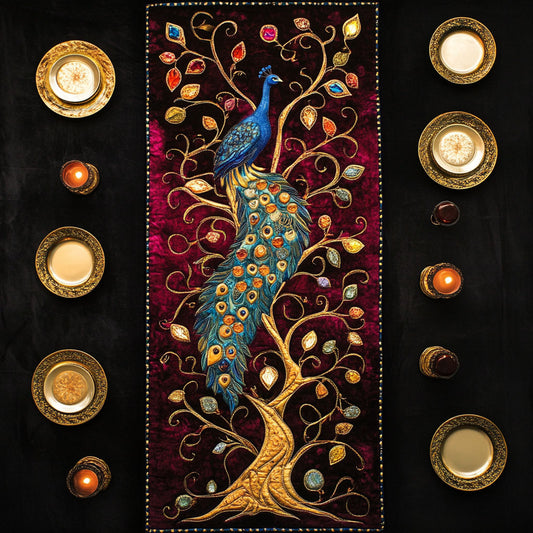 Peacock In Gold Tree WY0506048CL Quilted Table Runner