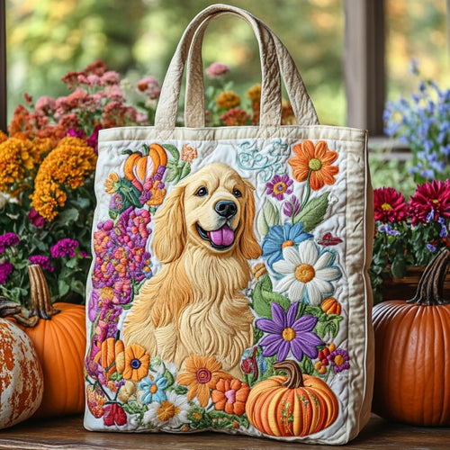 Golden Retriever With Flowers XR2109034CL Quilted Tote Bag