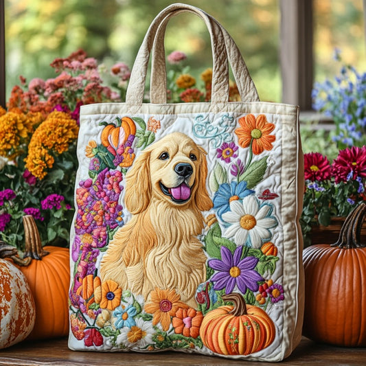 Golden Retriever With Flowers XR2109034CL Quilted Tote Bag