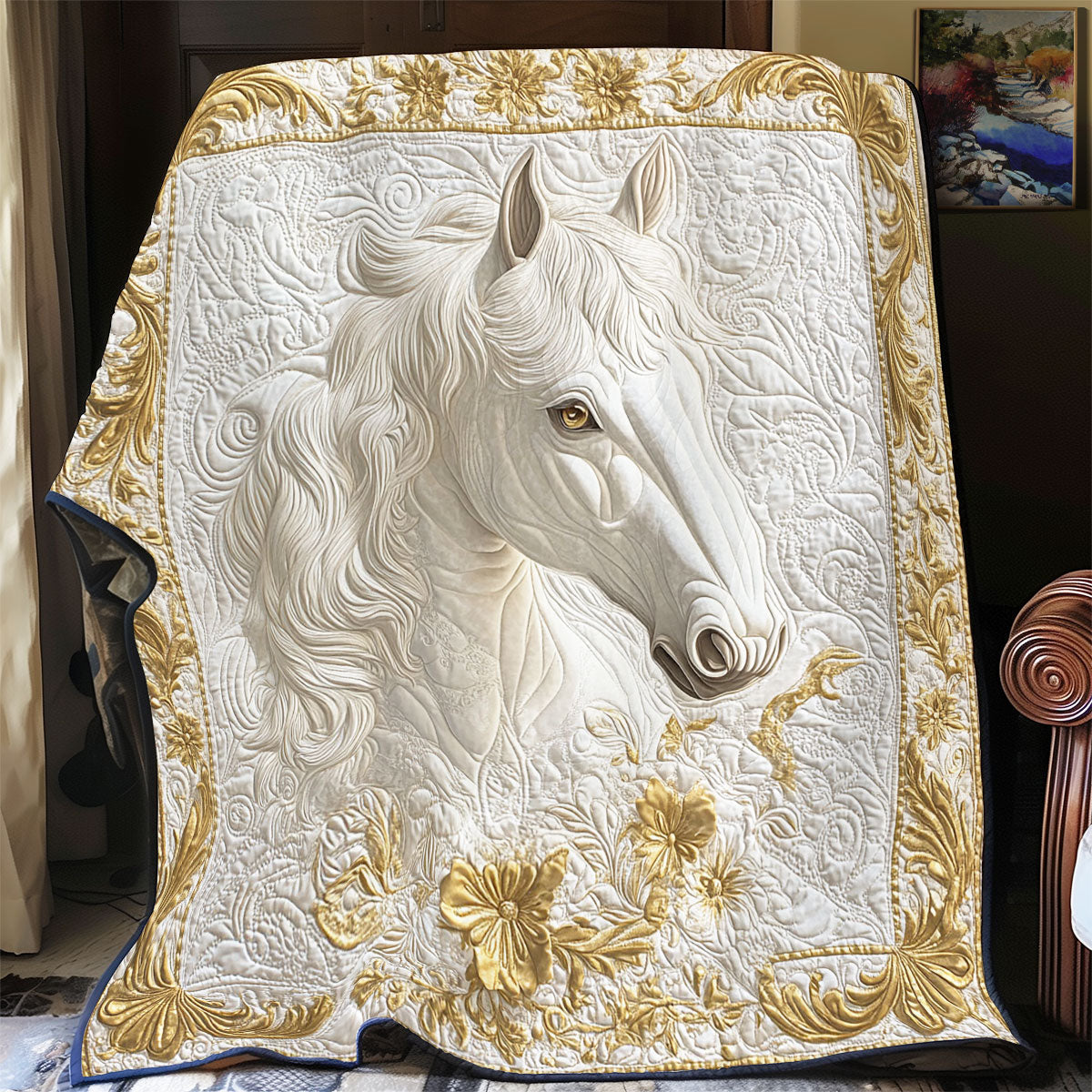 Gold Motiff White Horse WY1701042CL Quilt