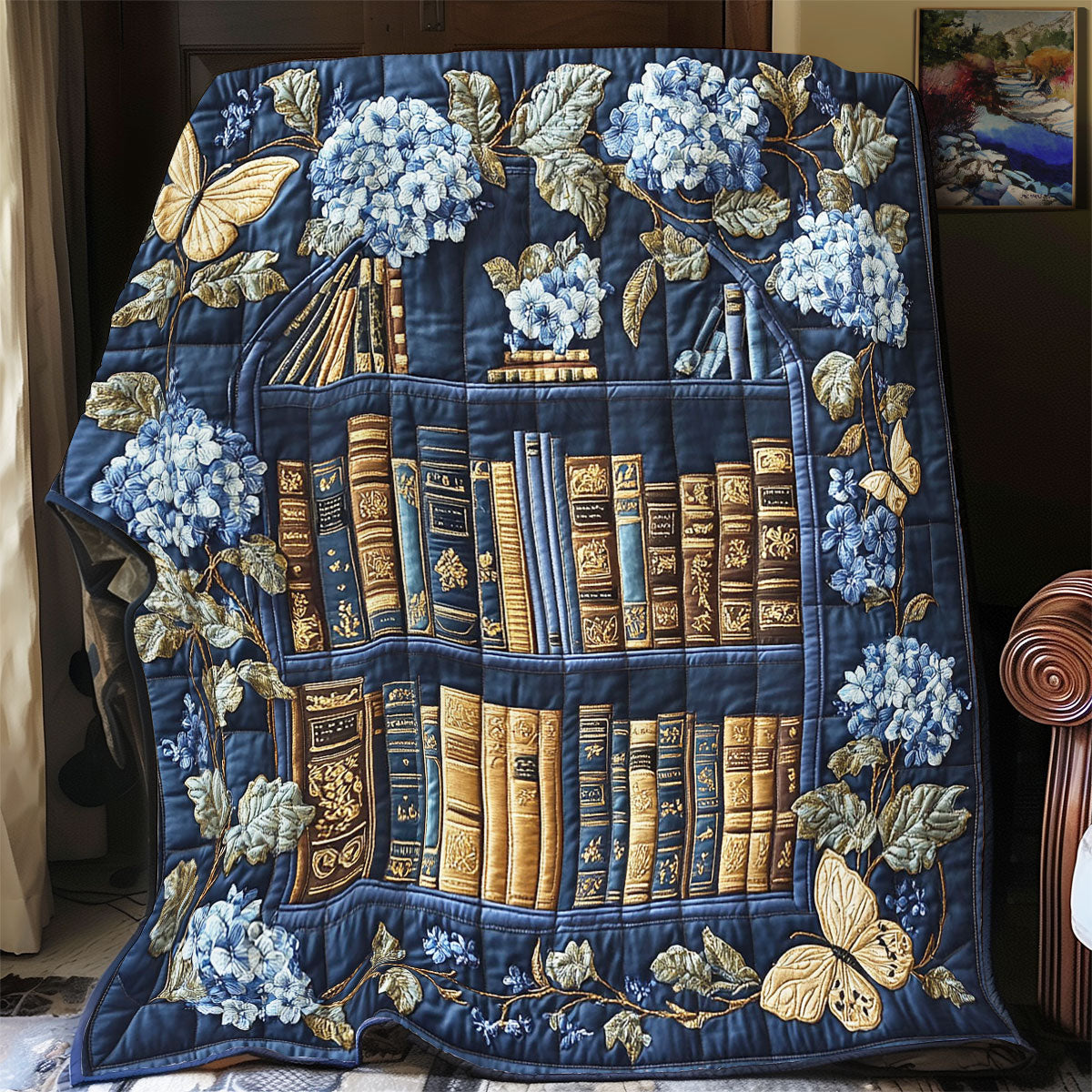 Navy Hydrangea Bookshelf WY3012025CL Quilt