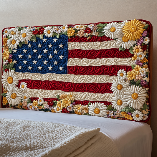 American Flag With Flowers XR2412030CL Quilted Headboard Slipcover