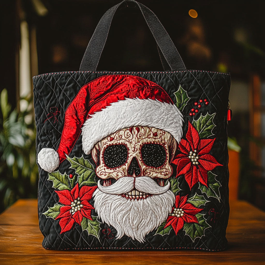 Santa Skull Poinsettia CW0810039CL Quilted Tote Bag