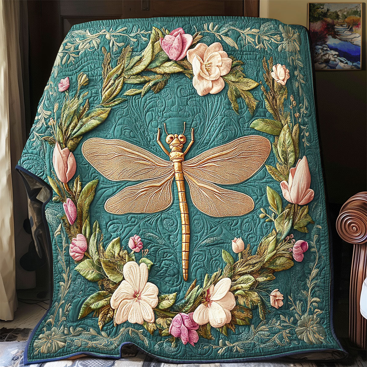 Gold Dragonfly In Wreath WY2403025CL Quilt