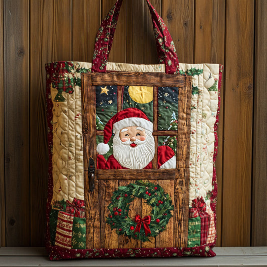 Santa Behind Wood Window WN1811041CL Quilted Tote Bag