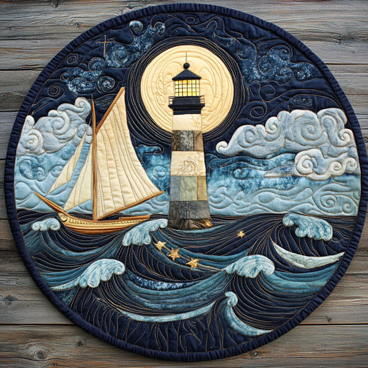 Lighthouse Sailboat At Night DH0410018CL Quilted Round Mat