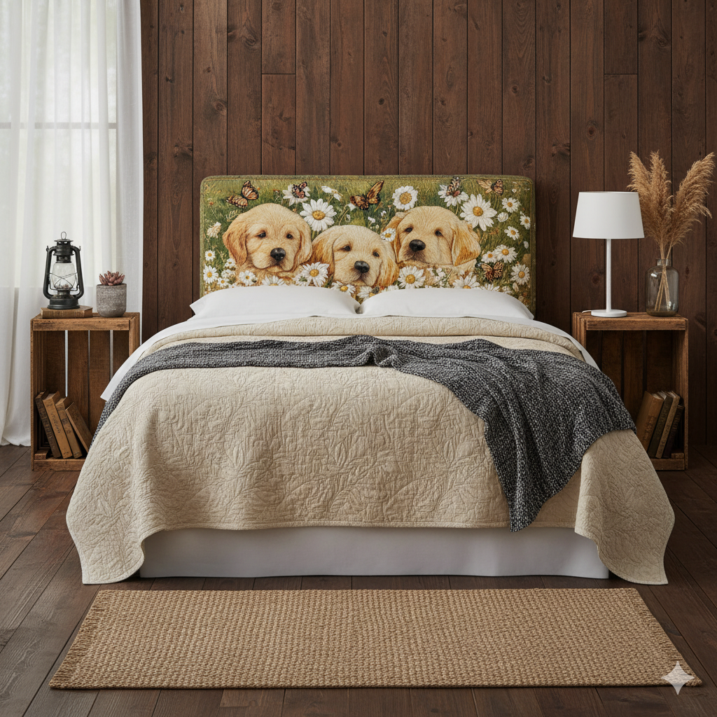 Golden Retrievers And Daisies XR1912020CL Quilted Headboard Slipcover