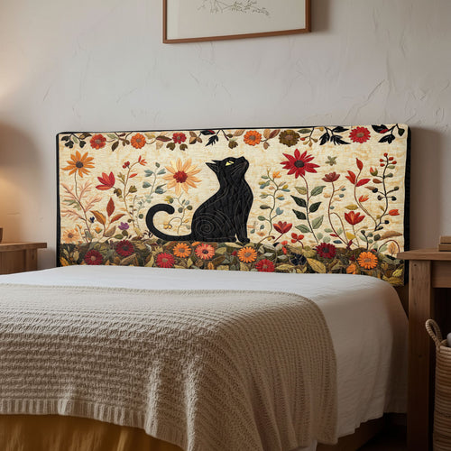 Black Cat Among Wildflowers CW2212001CL Quilted Headboard Slipcover