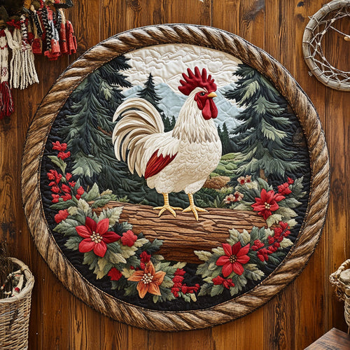 Poinsettia White Rooster WY0206035CL Quilted Round Mat