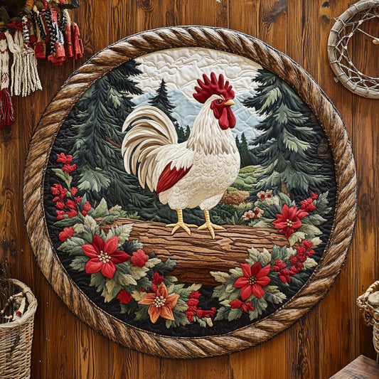 Poinsettia White Rooster WY0206035CL Quilted Round Mat