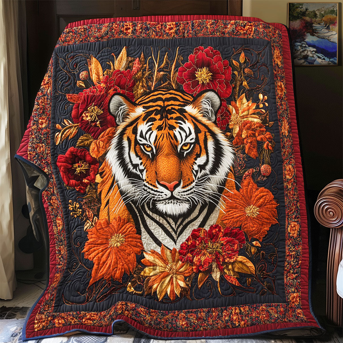 Red Flower Tiger Portrait WY1401037CL Quilt