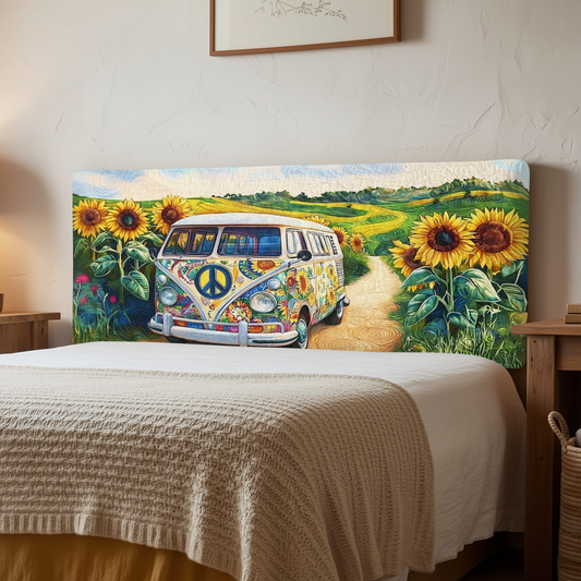 Sunflower Hippie Camper Van QA1412014CL Quilted Headboard Slipcover