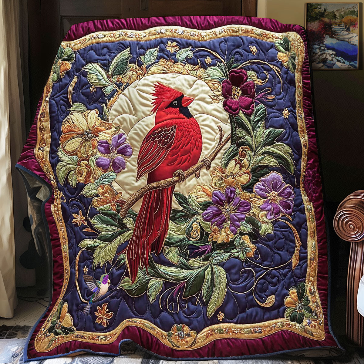 Cardinal In Flower Wreath WY2312012CL Quilt