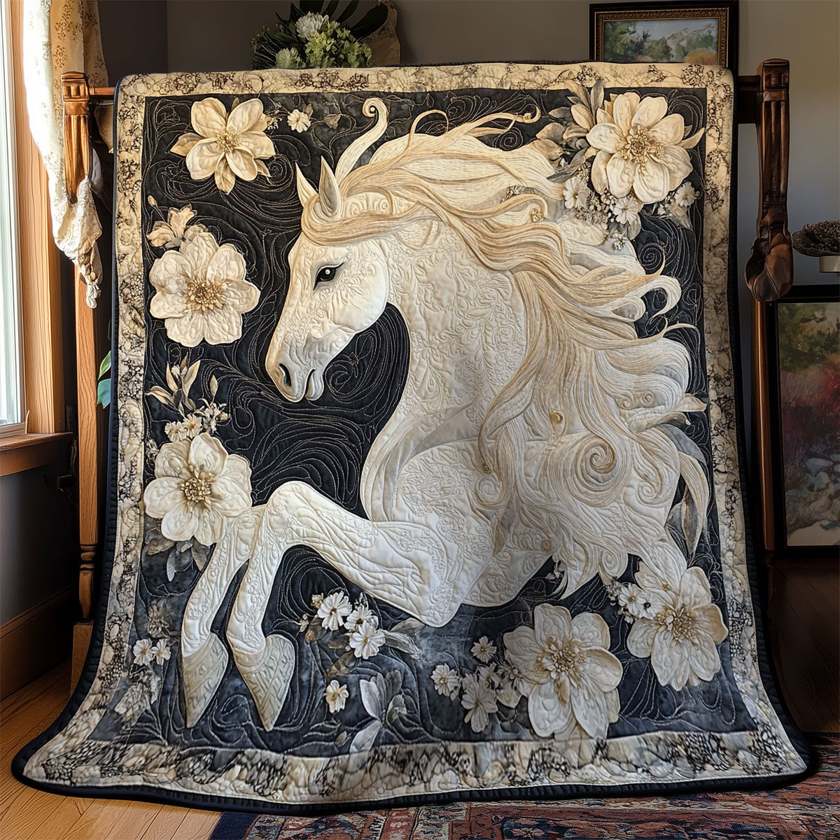Majestic White Flower Horse WY1202124CL Quilt