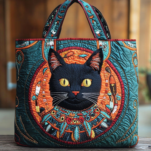 Cat Native American CW1201075CL Quilted Tote Bag