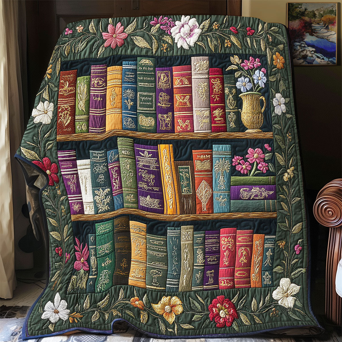 Beautiful Bookshelf In Garden WY1902052CL Quilt