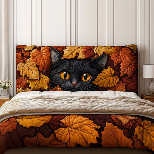 Black Cat in Falling Leaves KL2212009CL Quilted Headboard Slipcover