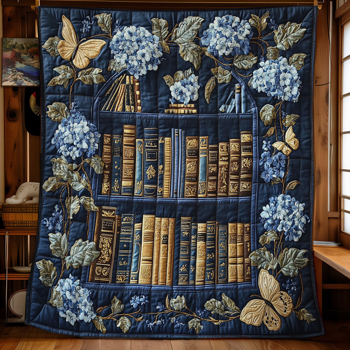 Navy Hydrangea Bookshelf WY3012025CL Quilt