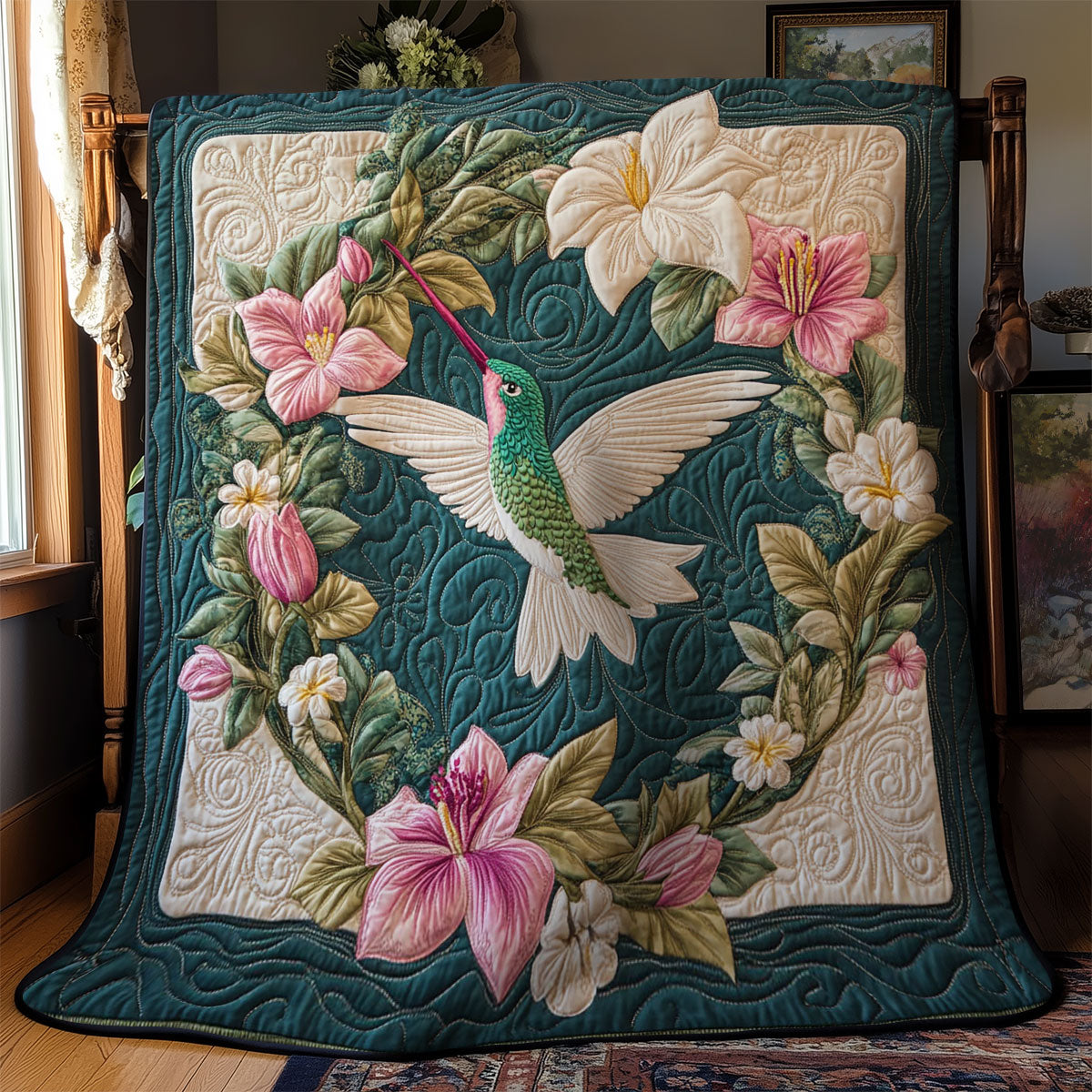 Hummingbird In Flower Wreath WY2403023CL Quilt