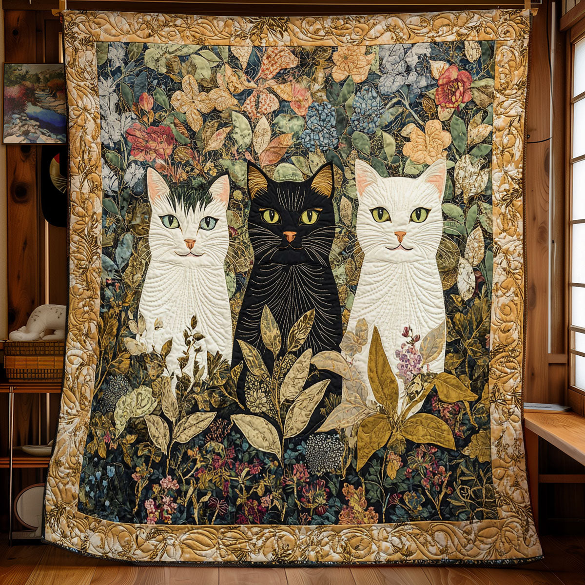 Three Cat In Garden WY1701063CL Quilt