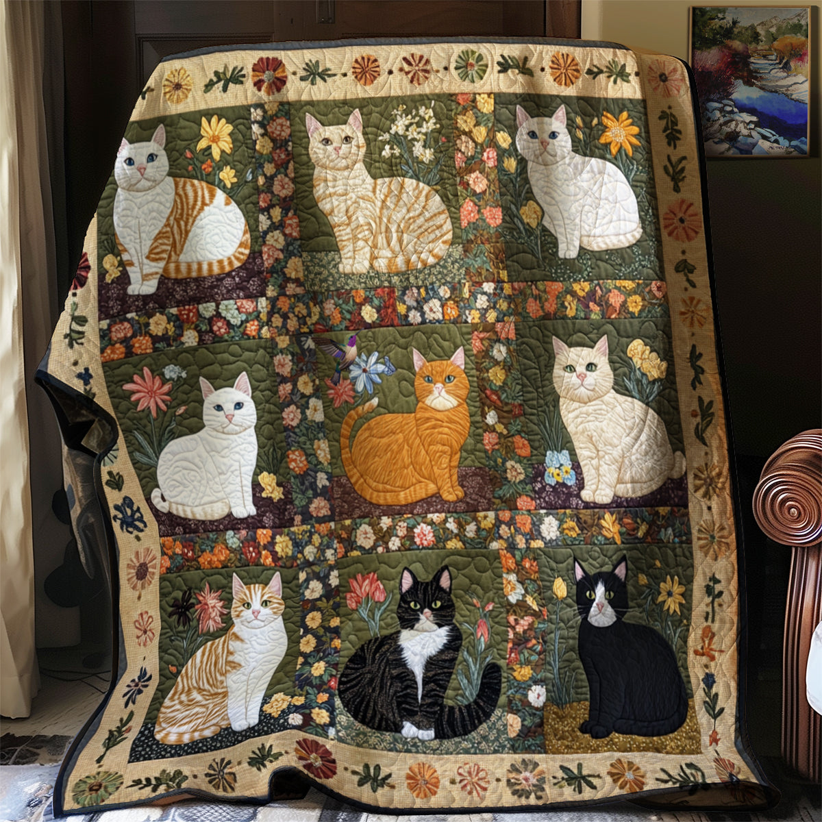 Cat in Flower Garden YR1911009CL Quilt