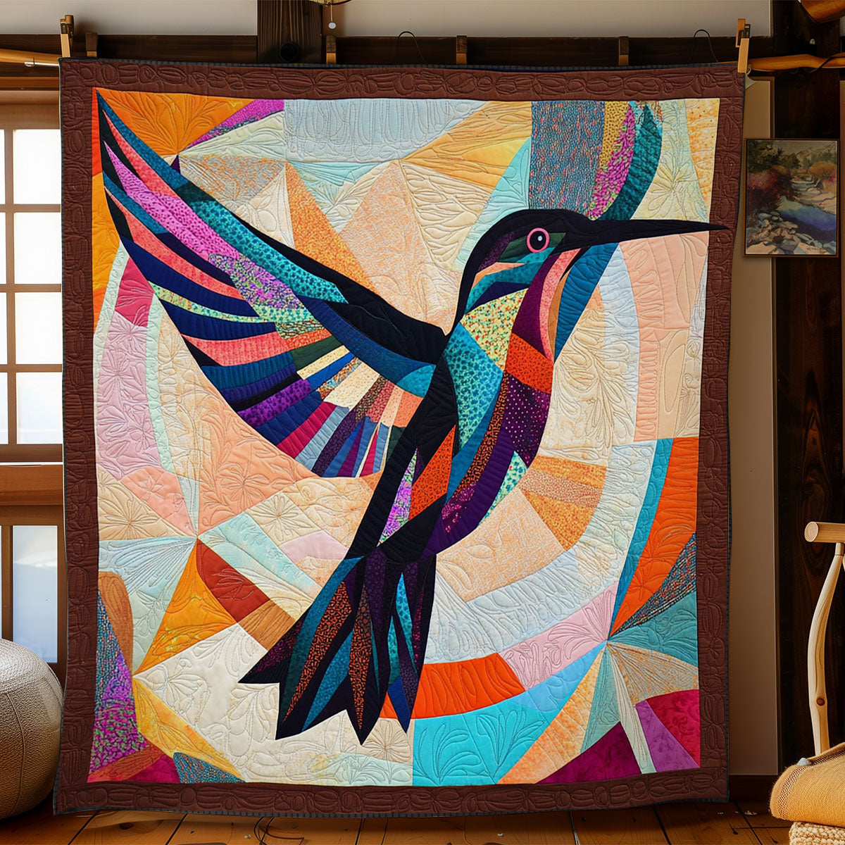 Geometric Patchwork Hummingbird WY1001161CL Quilt