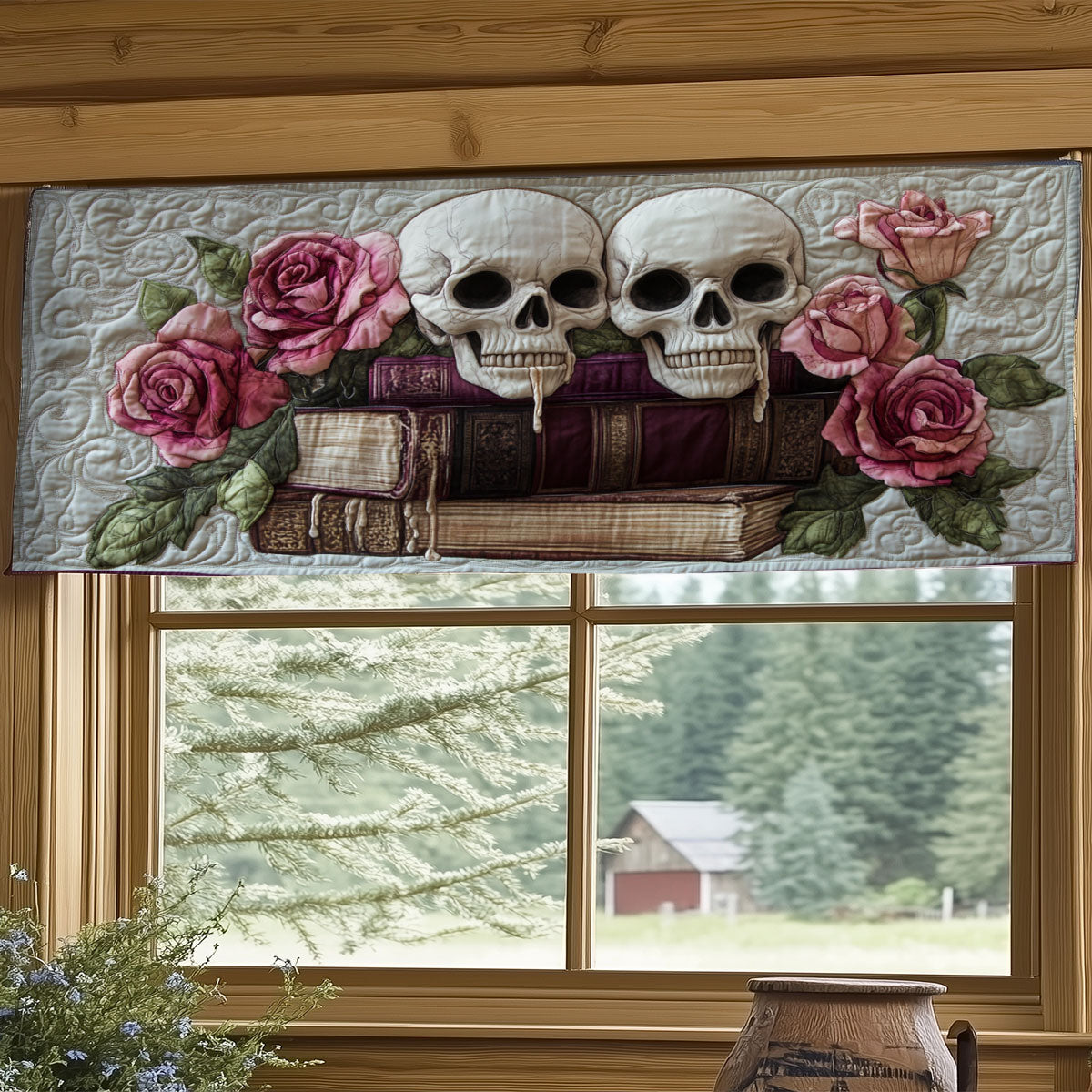 Elegant Rose Skull WY0406033CL Quilted Valance