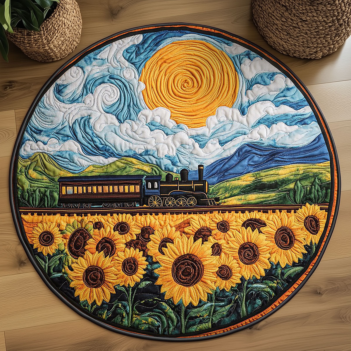 Train Through Sunflower Field WY0401042CL Quilted Round Mat