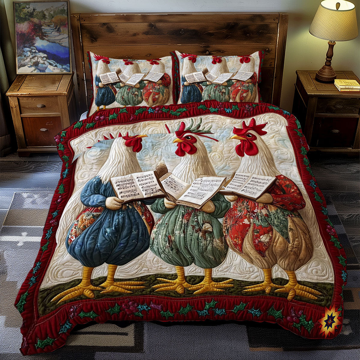 Christmas Singing Rooster WY1312038CL Duvet Cover Set