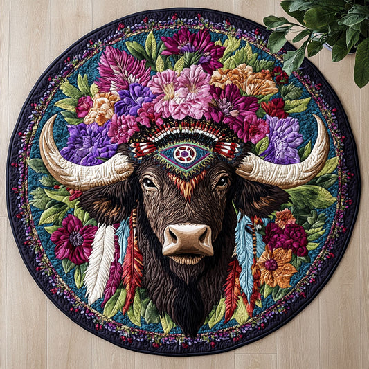 Floral Bison Head CW0207018CL Quilted Round Mat
