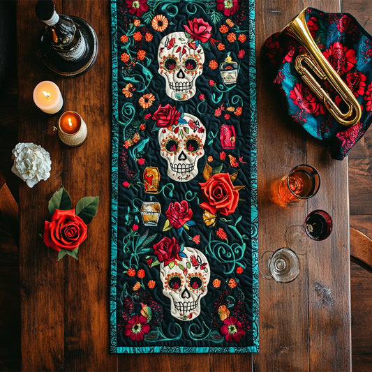 Blooming Skulls CM2205044CL Quilted Table Runner