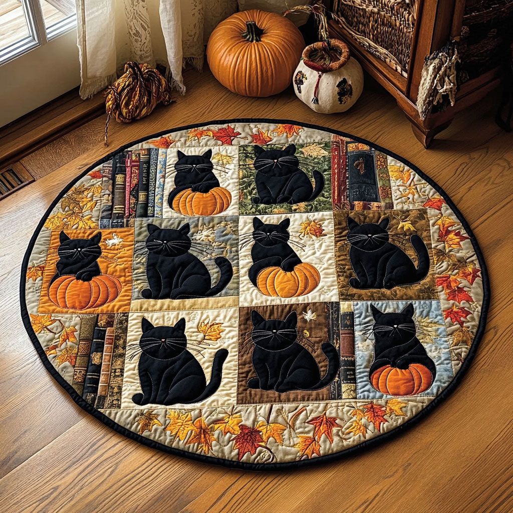 Autumn Library Cat WY0608008CL Quilted Round Mat
