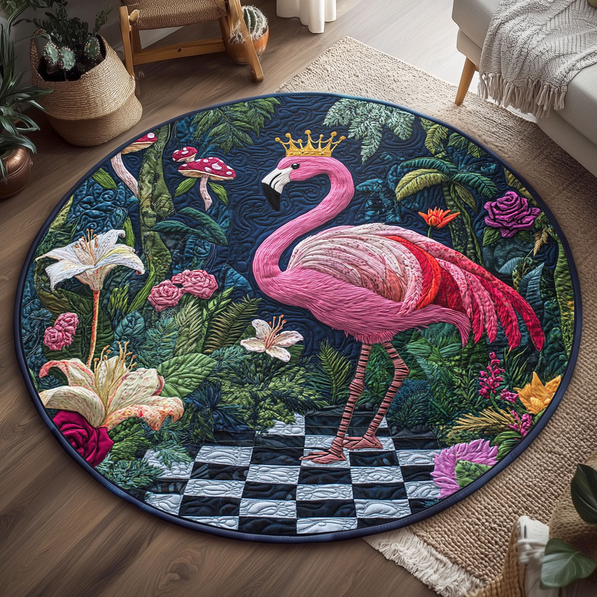 Crowned Bloom Flamingo WP2003076CL Quilted Round Mat