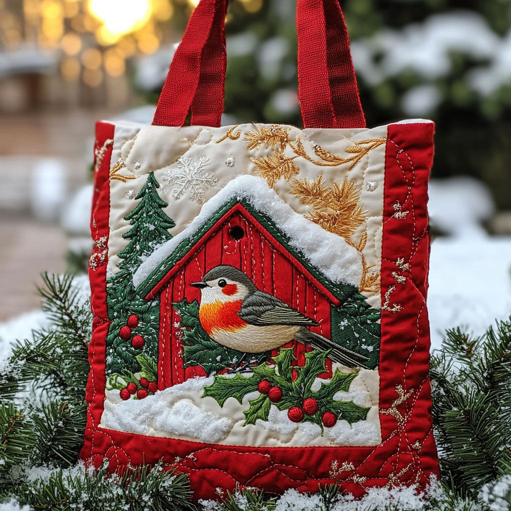 Winter Perch European Robin WN2810082CL Quilted Tote Bag