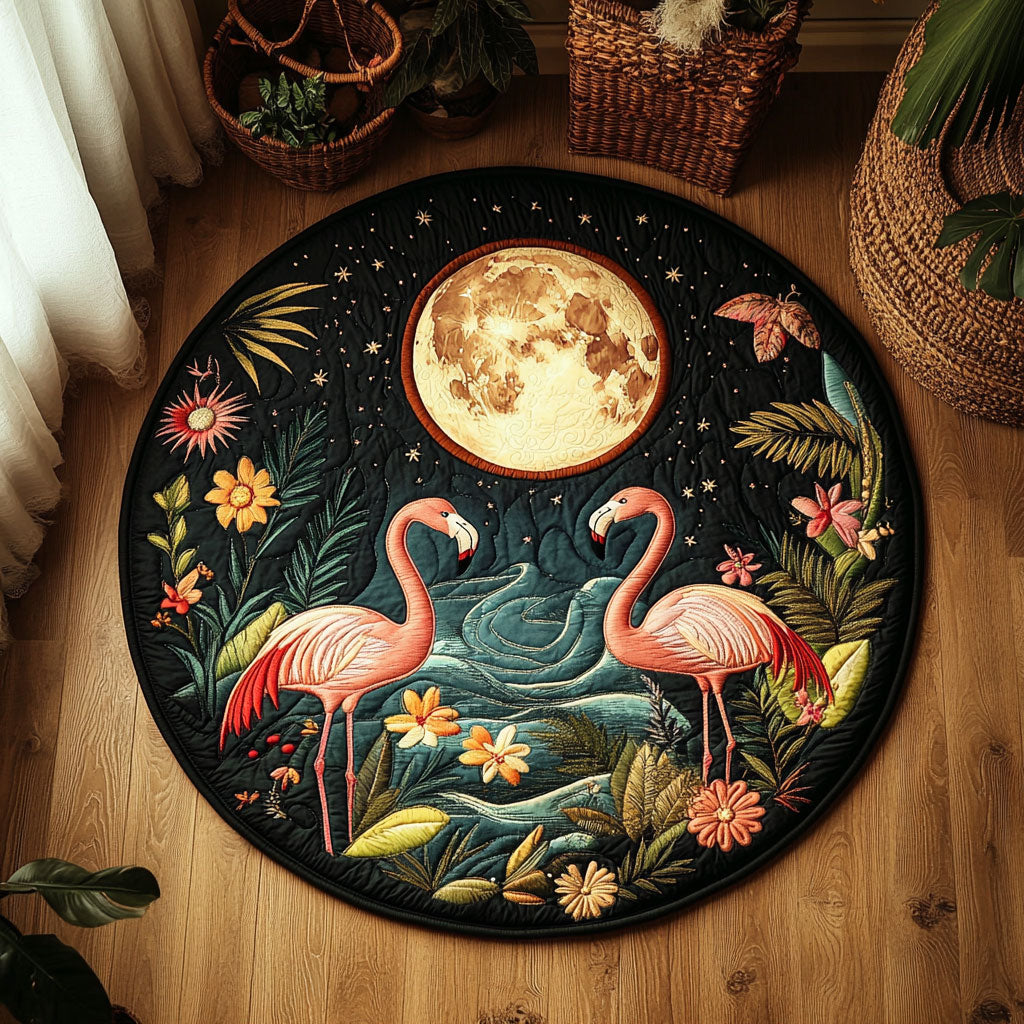 Midnight Bloom And Flamingos WY3006114CL Quilted Round Mat