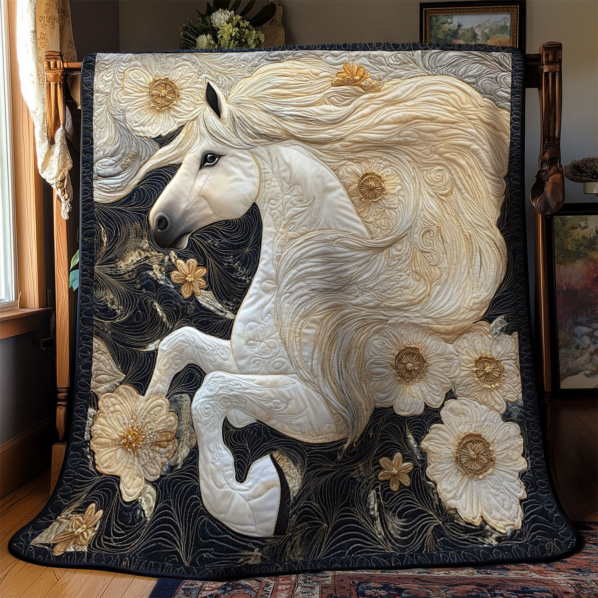 Beautiful White Flower Horse WY1202078CL Quilt